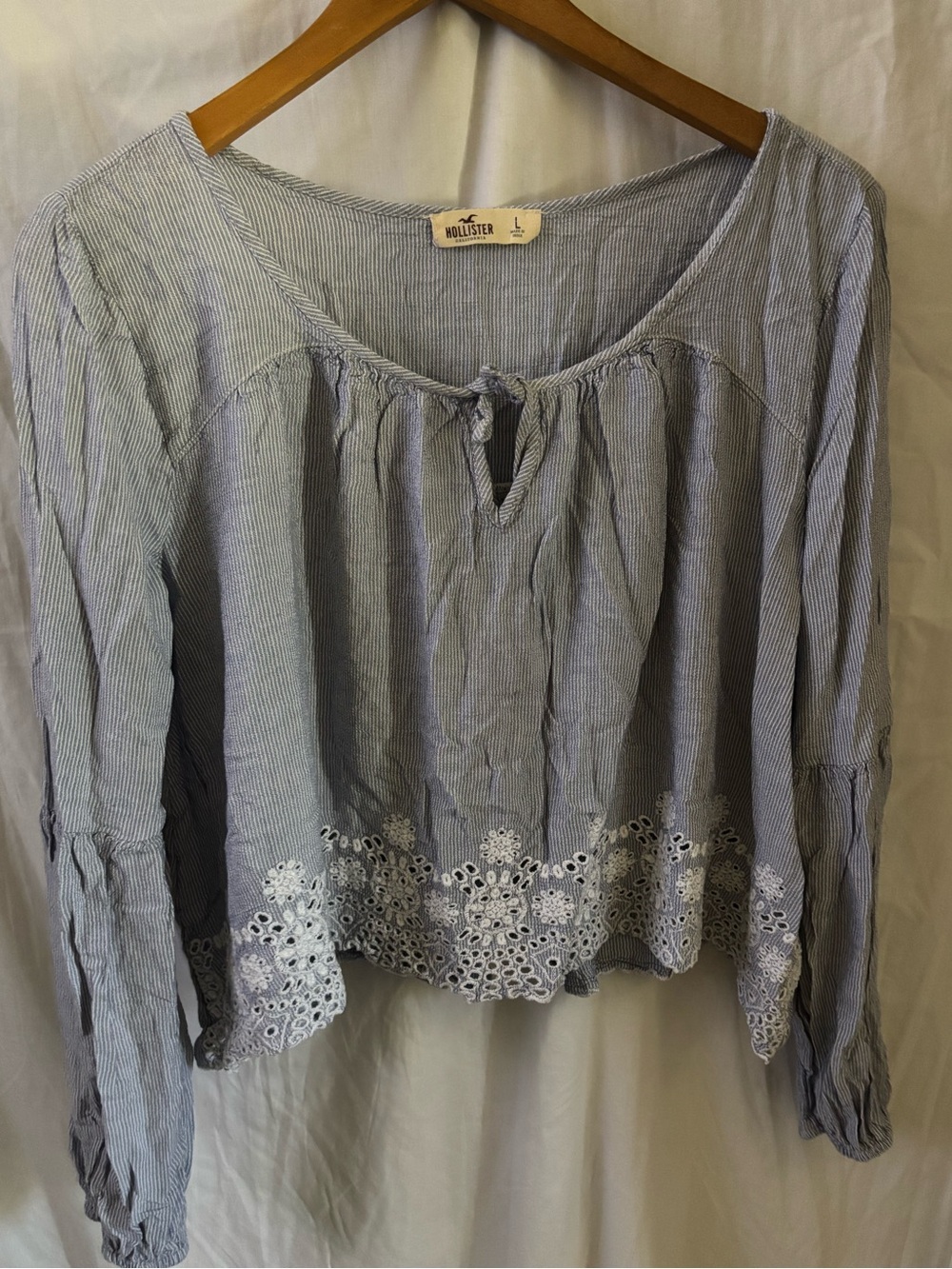 Hollister Light Blue Pinstripe Eyelet Hem Peasant Blouse